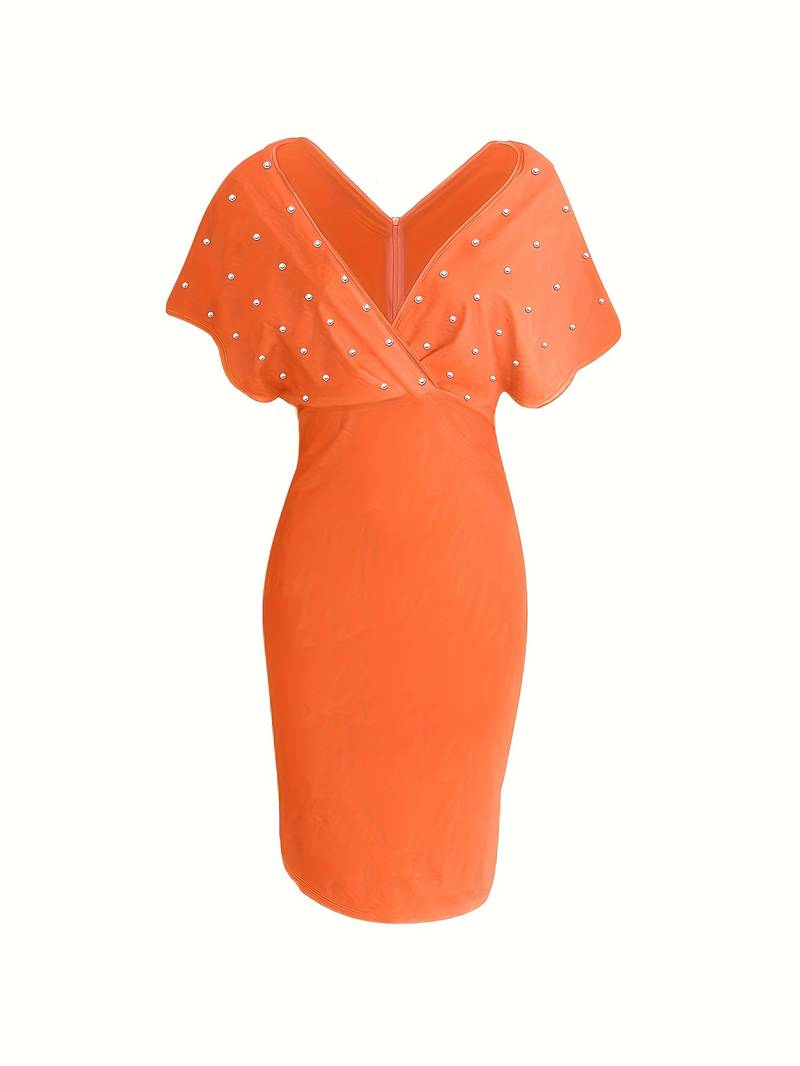 Women's Bodycon Dress - Elegant Wrap V-Neck - Short Sleeve - Pearl Embellished | Ponty
