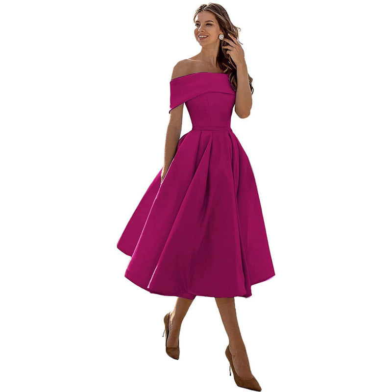 Women's Off-Shoulder A-Line Dress - Elegant Fit - Pleated Flared Skirt - Formal Wear | Ponty