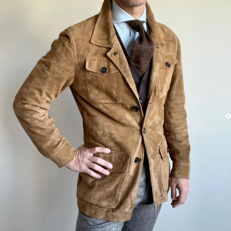 Men's Vintage Solid Suede Lapel Multi-Pocket Jacket | Ponty