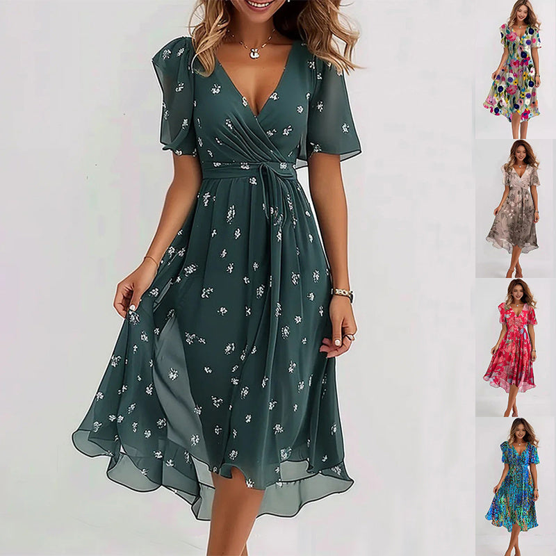 Women's Wrap Dress - V-Neck - Short Flutter Sleeve - Cinched Waist - Midi A-Line | Ponty
