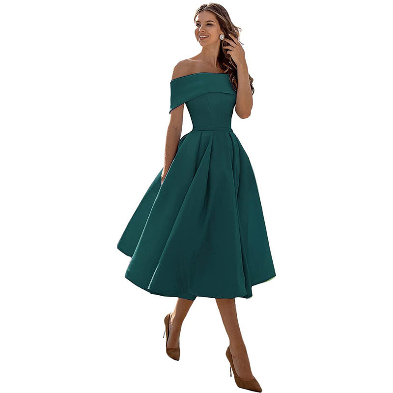 Women's Off-Shoulder A-Line Dress - Elegant Fit - Pleated Flared Skirt - Formal Wear | Ponty