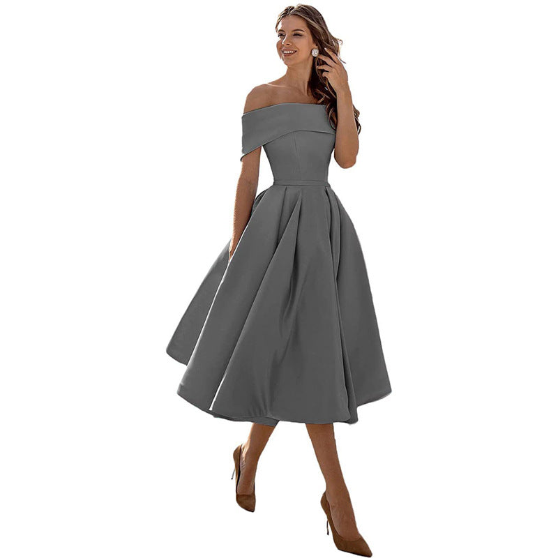 Women's Off-Shoulder A-Line Dress - Elegant Fit - Pleated Flared Skirt - Formal Wear | Ponty