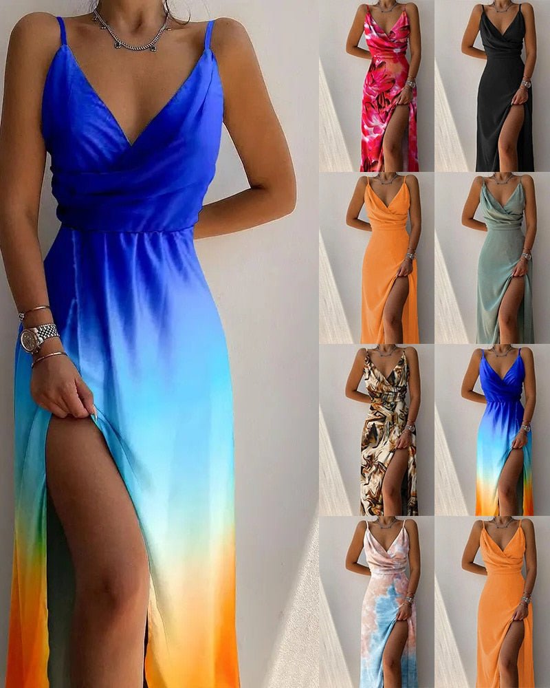 Women's Dress - Draped Neckline - Spaghetti Straps - High Slit - Floral Print | Ponty