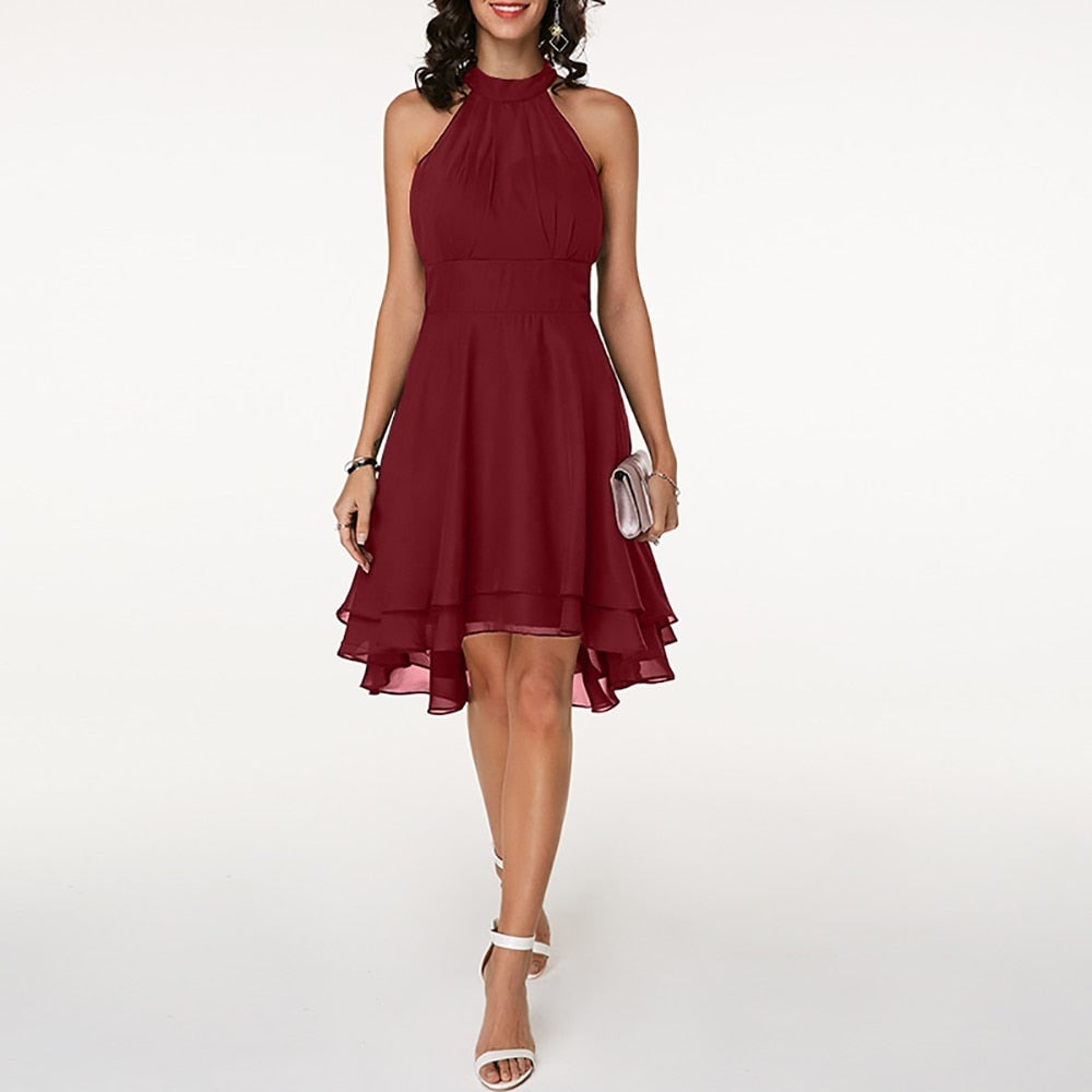 Women's Dress - Halter Neck - Sleeveless - High-Low Layered Skirt - Fitted Waist | Ponty