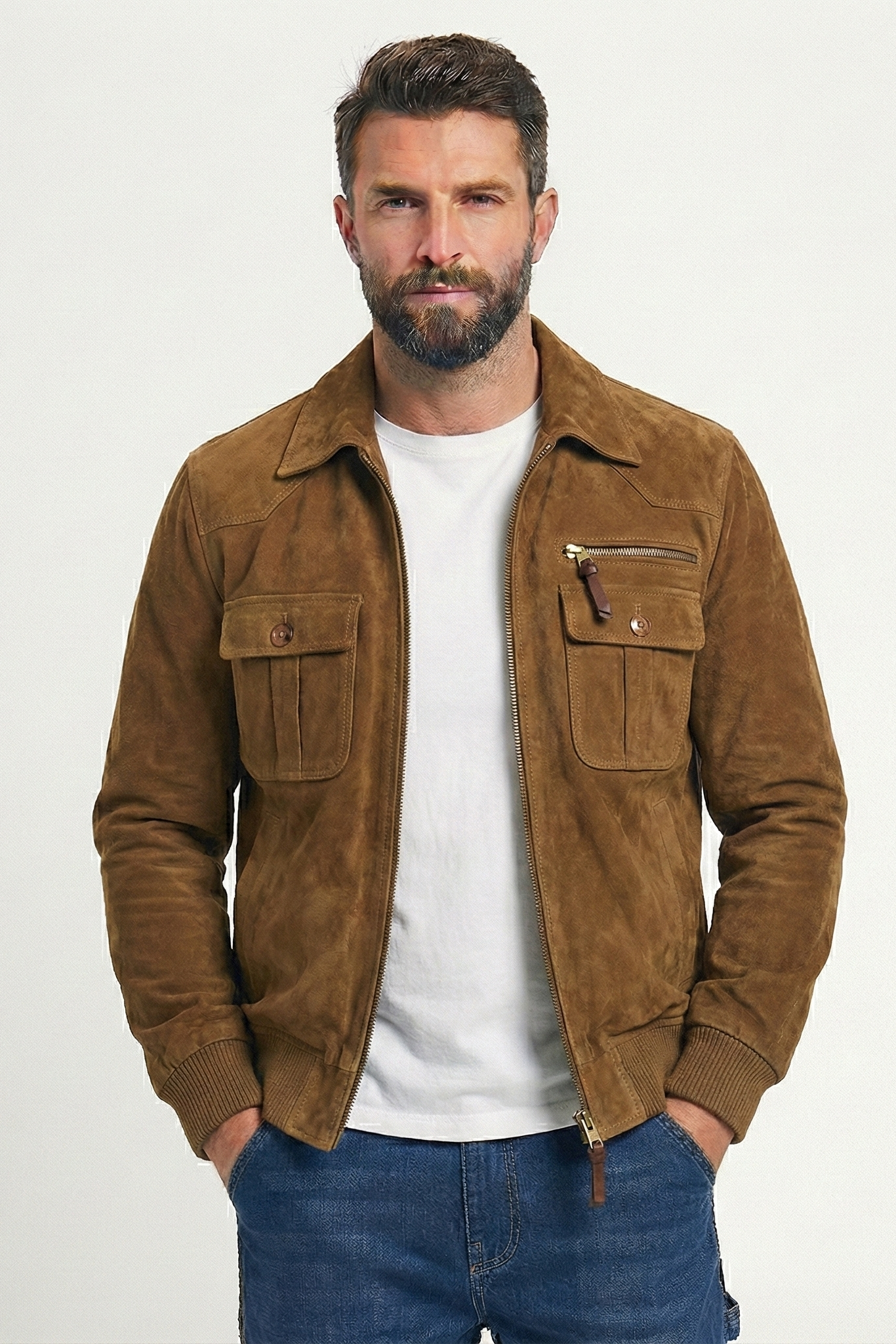 Men's Retro Lapel Zipper Breast Pocket Suede Jacket | Ponty