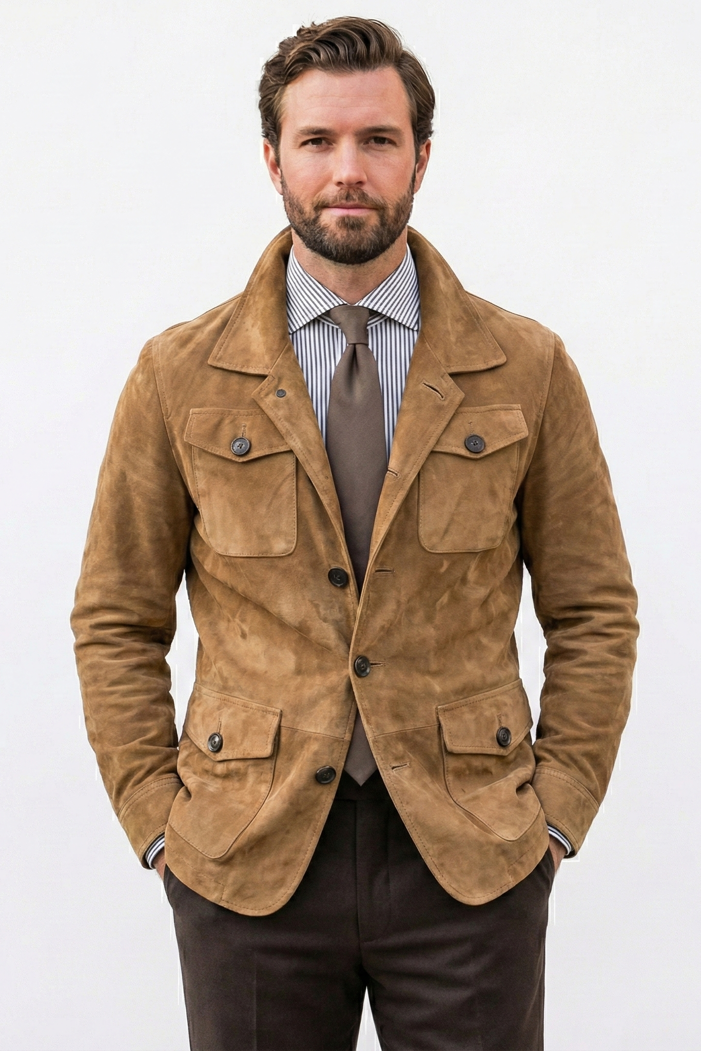 Men's Vintage Solid Suede Lapel Multi-Pocket Jacket | Ponty