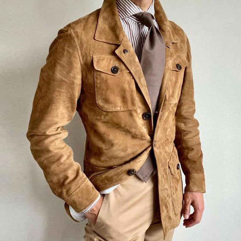 Men's Vintage Solid Suede Lapel Multi-Pocket Jacket | Ponty