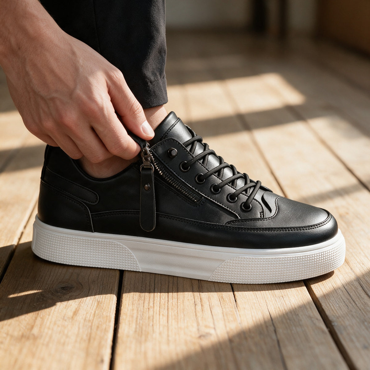 Hand opening the side zip of the Ashford trainer