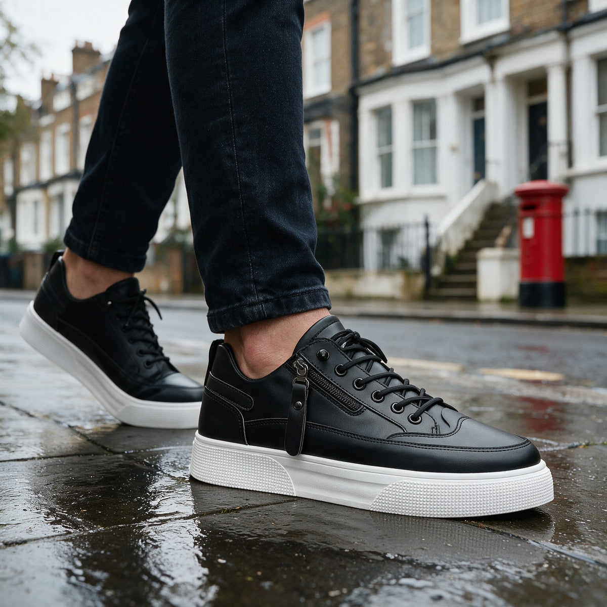 Ashford trainers in Black on a wet London street
