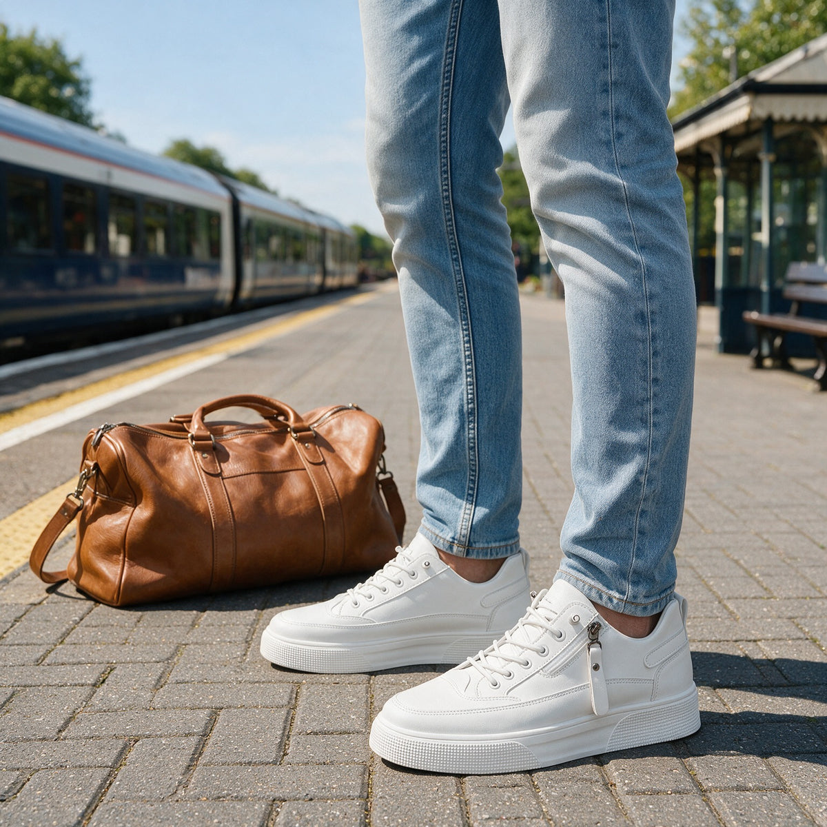 Ashford trainers in White on a railway platform
