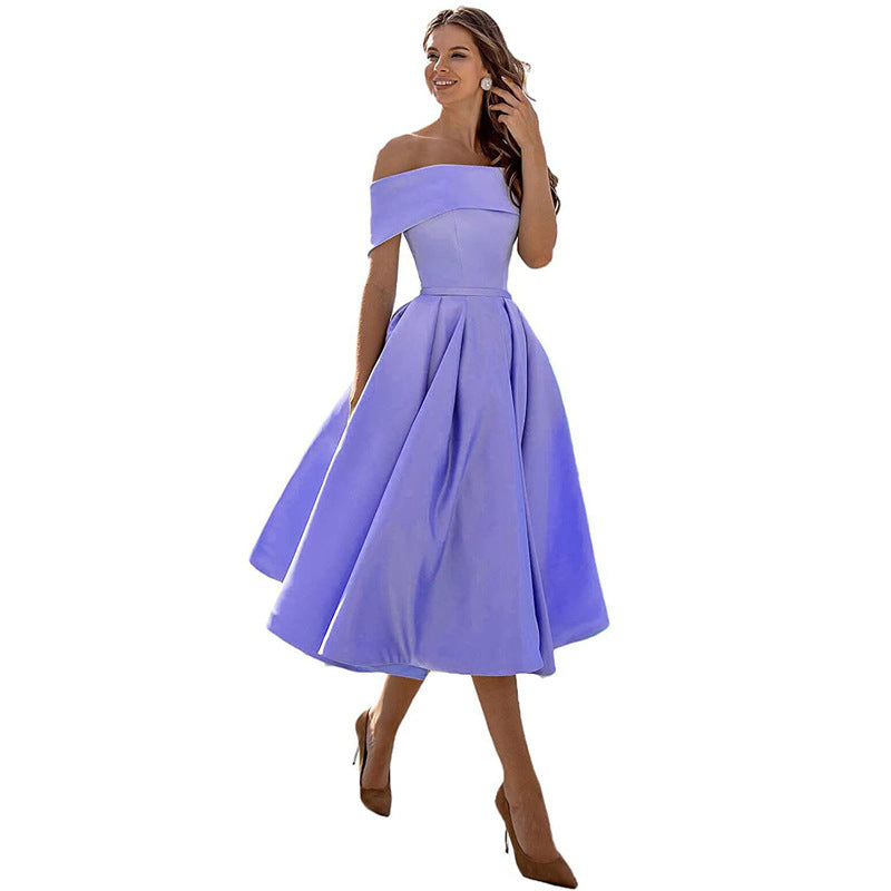 Women's Off-Shoulder A-Line Dress - Elegant Fit - Pleated Flared Skirt - Formal Wear | Ponty