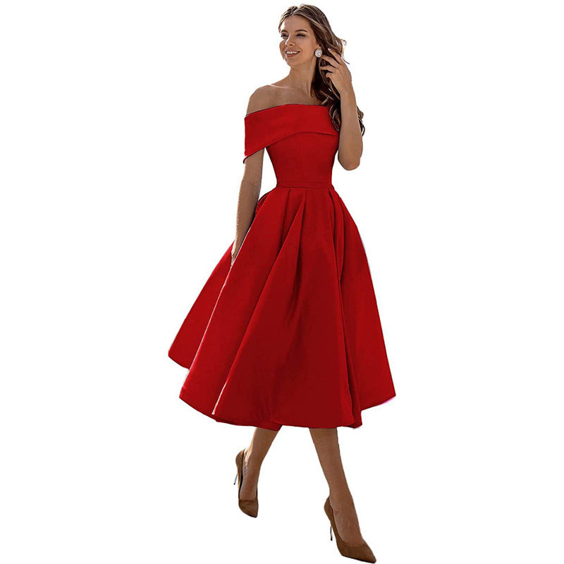 Women's Off-Shoulder A-Line Dress - Elegant Fit - Pleated Flared Skirt - Formal Wear | Ponty