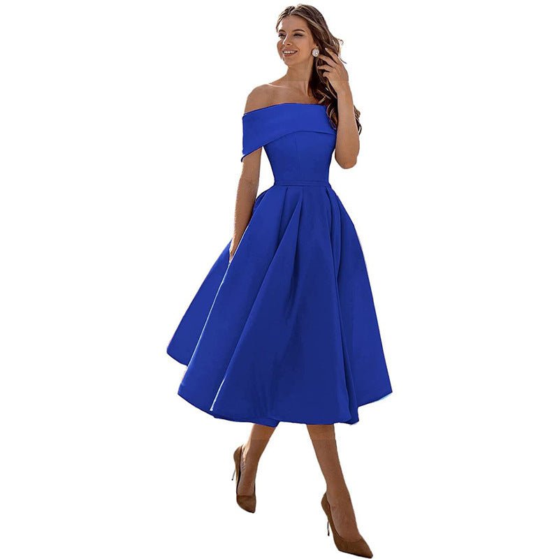 Women's Off-Shoulder A-Line Dress - Elegant Fit - Pleated Flared Skirt - Formal Wear | Ponty