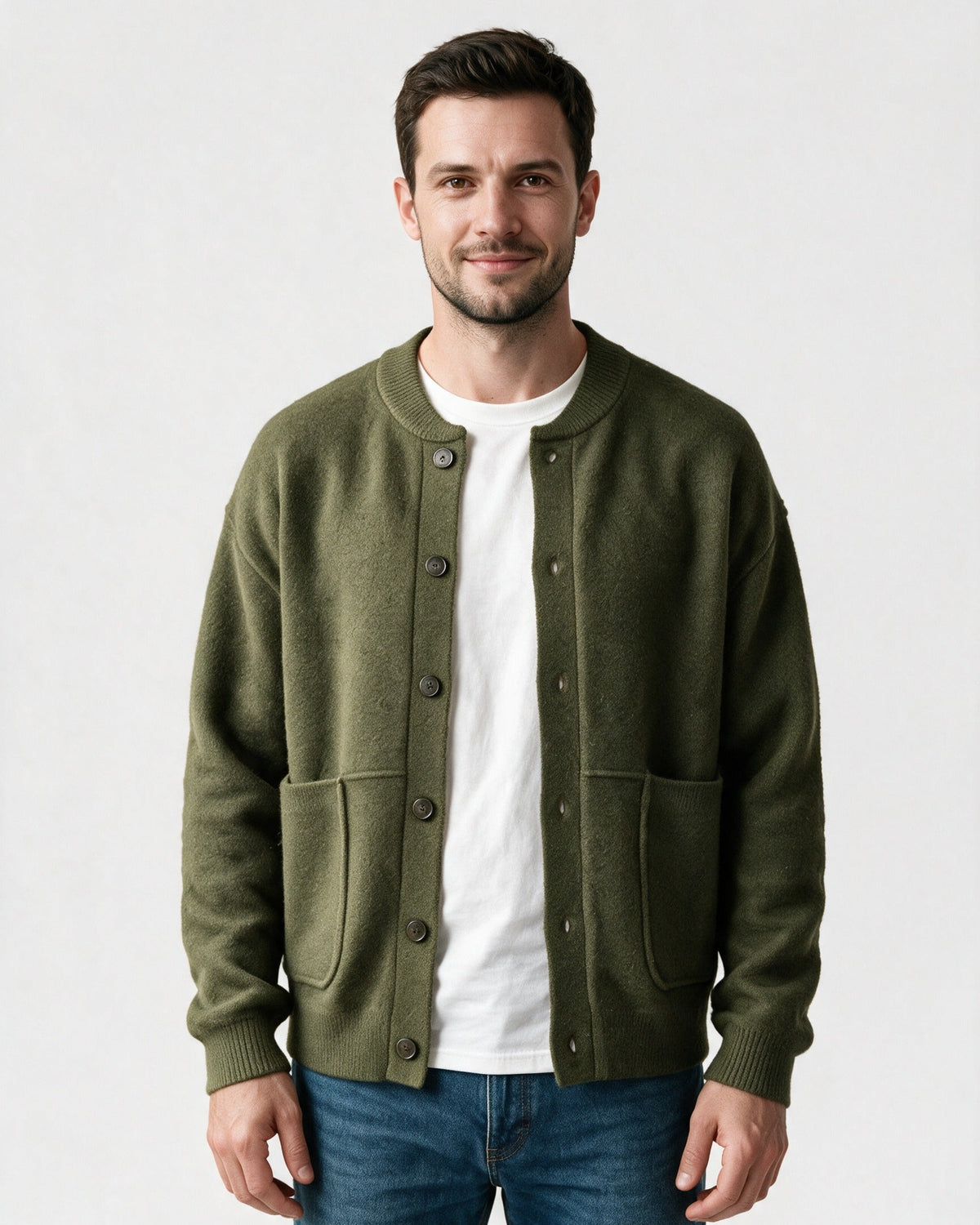 Beaufort casual cardigan in green, front view