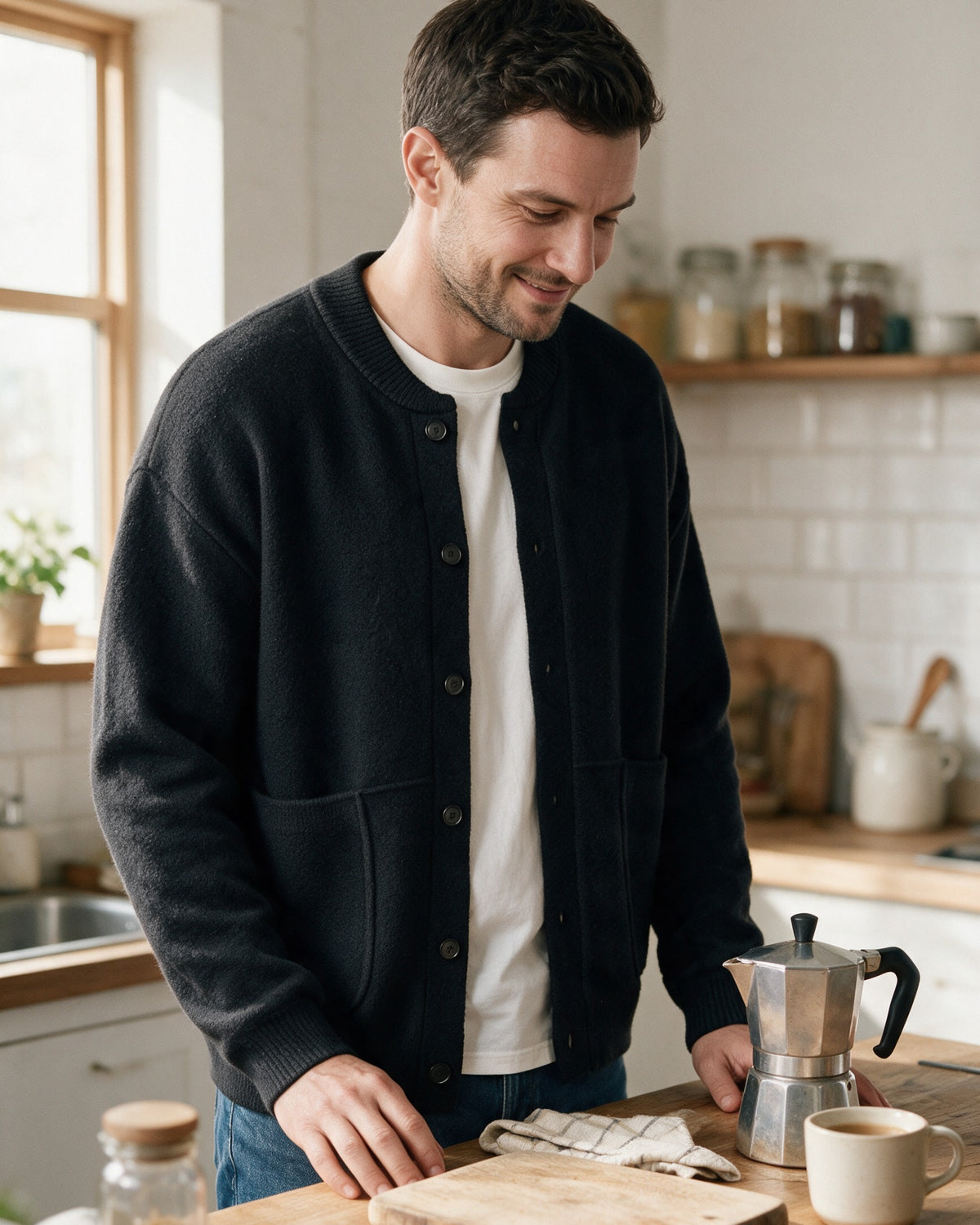 Man wearing the Beaufort cardigan in his kitchen