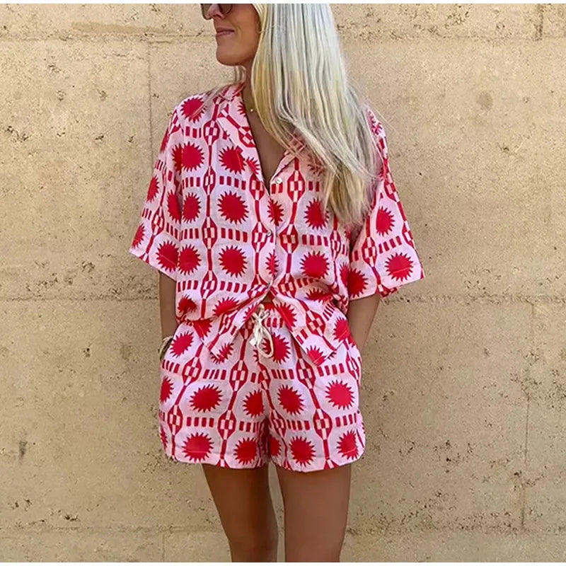Women's Co-ord Cotton Set - Relaxed Fit - Button-Up Shirt & Elastic Waist Shorts - Geometric Print | Ponty
