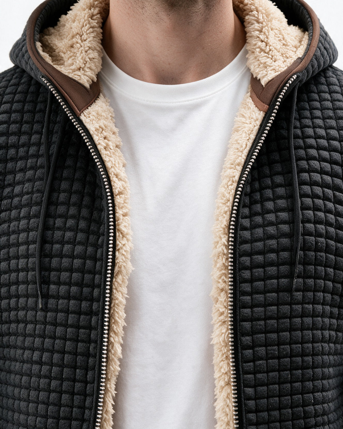 Teddy-lined hood and collar with brown trim