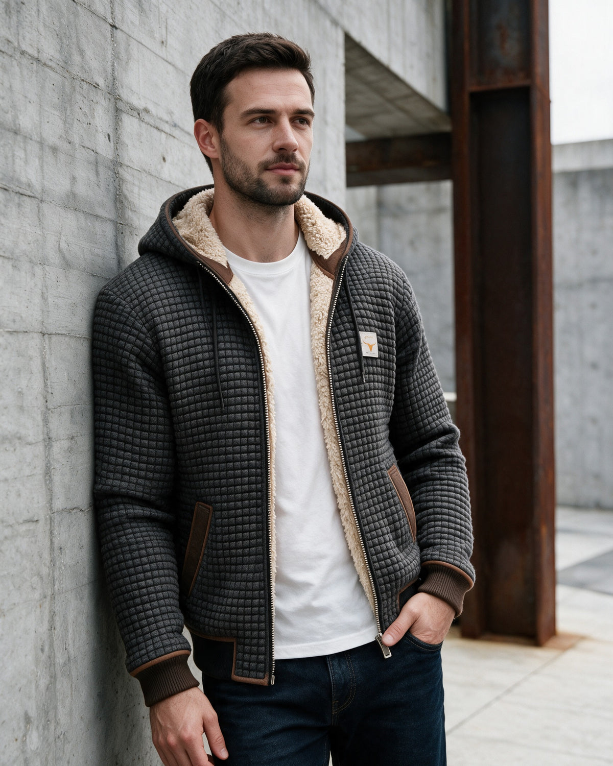 Brampton jacket worn outdoors, Grey
