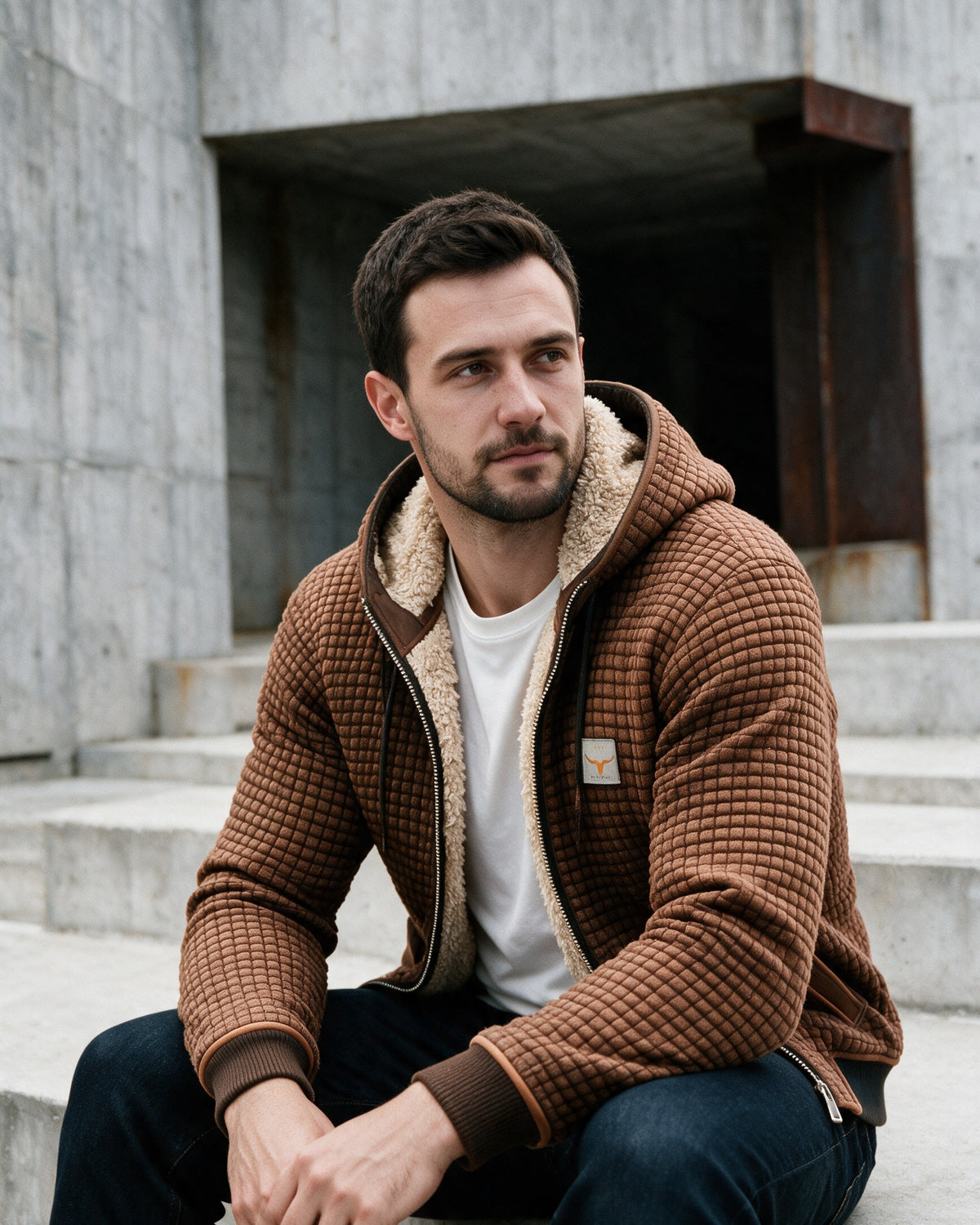 Brampton jacket worn outdoors, Brown