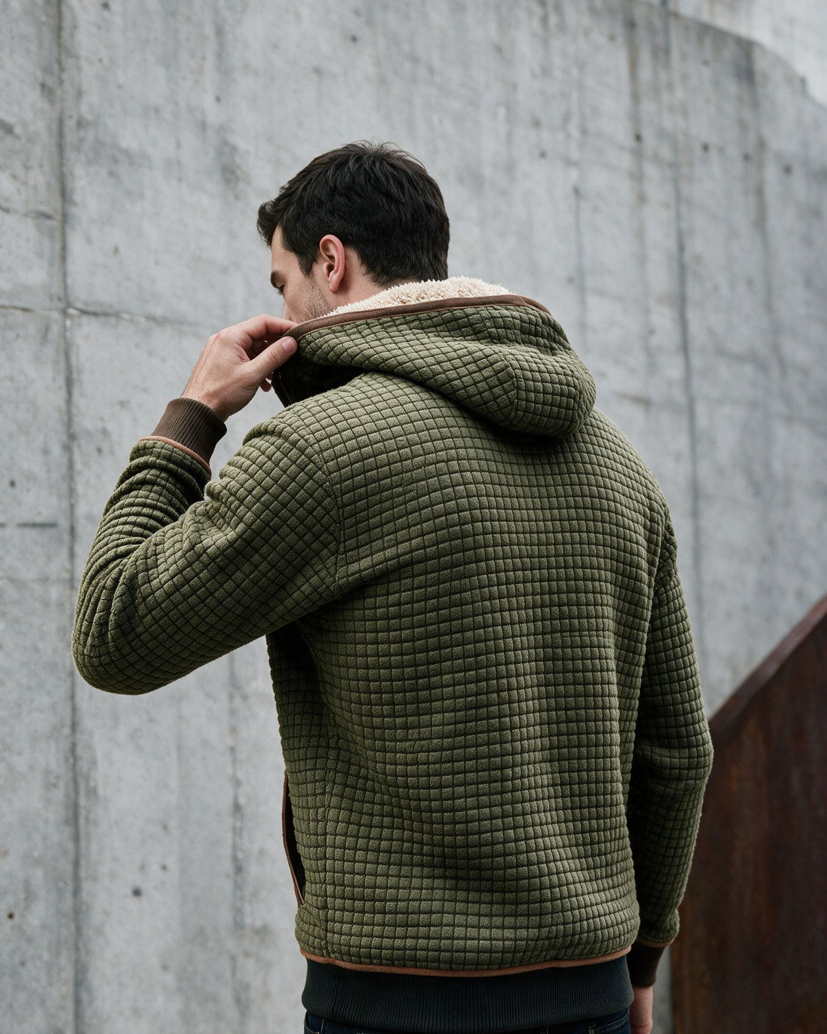 Brampton jacket worn outdoors, Green