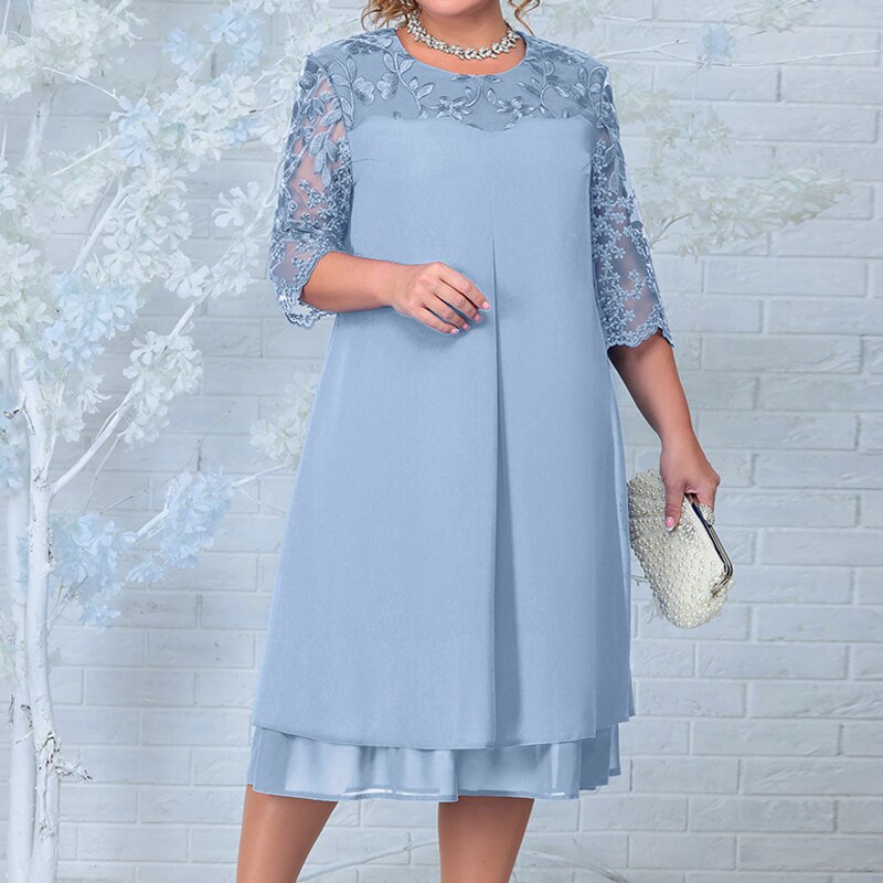Women's A-Line Dress - Knee Length - Sheer Embroidered Mid Sleeves - Layered Skirt | Ponty