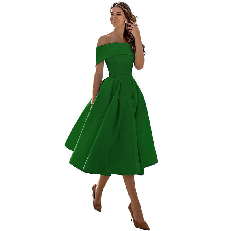 Women's Off-Shoulder A-Line Dress - Elegant Fit - Pleated Flared Skirt - Formal Wear | Ponty