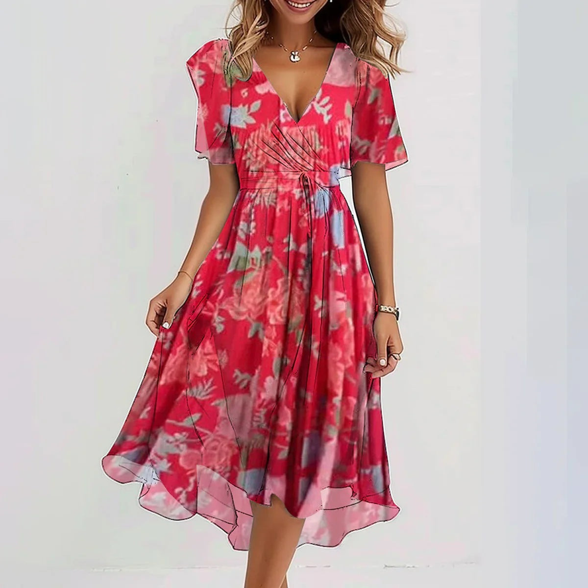 Women's Wrap Dress - V-Neck - Short Flutter Sleeve - Cinched Waist - Midi A-Line | Ponty