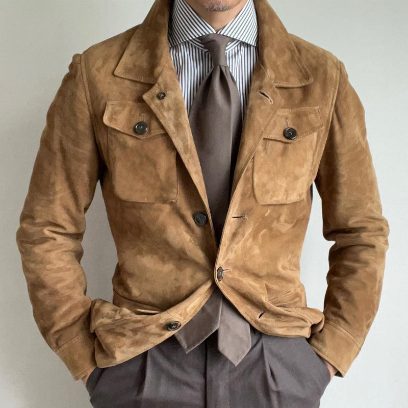 Men's Vintage Solid Suede Lapel Multi-Pocket Jacket | Ponty