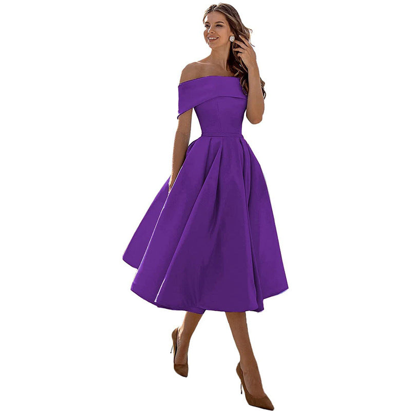 Women's Off-Shoulder A-Line Dress - Elegant Fit - Pleated Flared Skirt - Formal Wear | Ponty