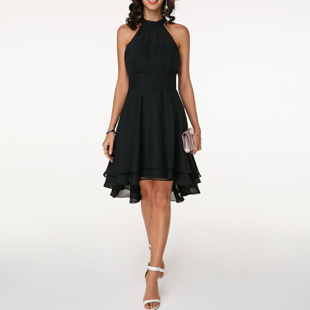 Women's Dress - Halter Neck - Sleeveless - High-Low Layered Skirt - Fitted Waist | Ponty