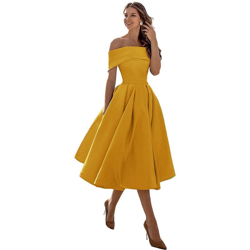 Women's Off-Shoulder A-Line Dress - Elegant Fit - Pleated Flared Skirt - Formal Wear | Ponty