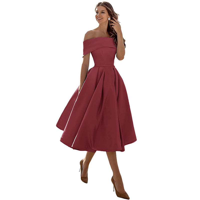 Women's Off-Shoulder A-Line Dress - Elegant Fit - Pleated Flared Skirt - Formal Wear | Ponty