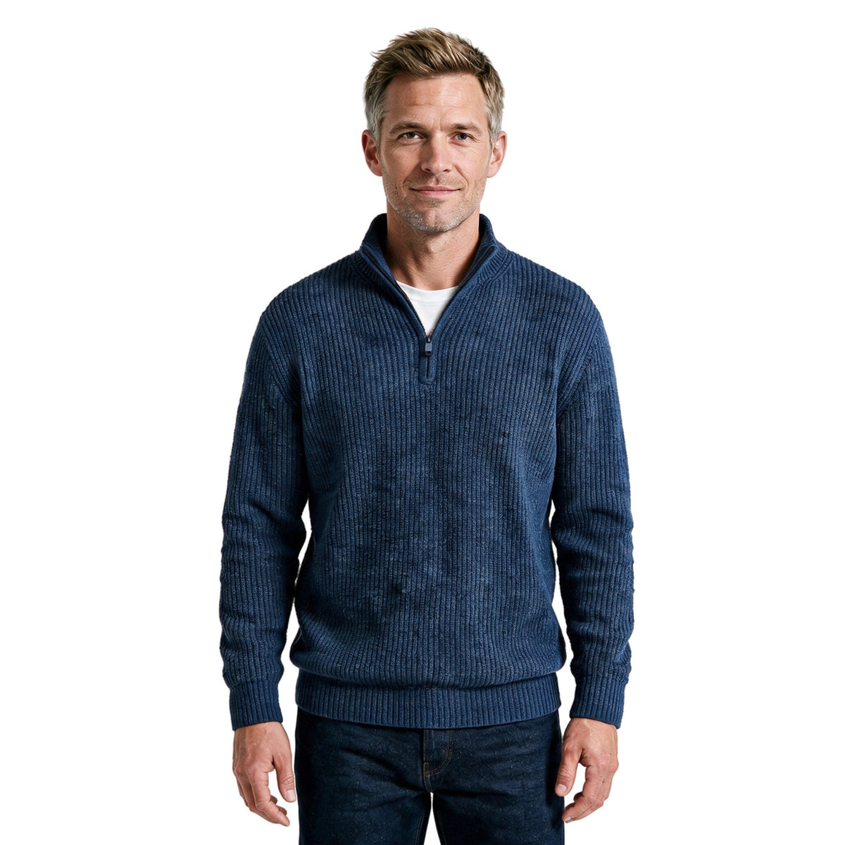 Men's Fints quarter-zip ribbed sweater in dark blue, front view