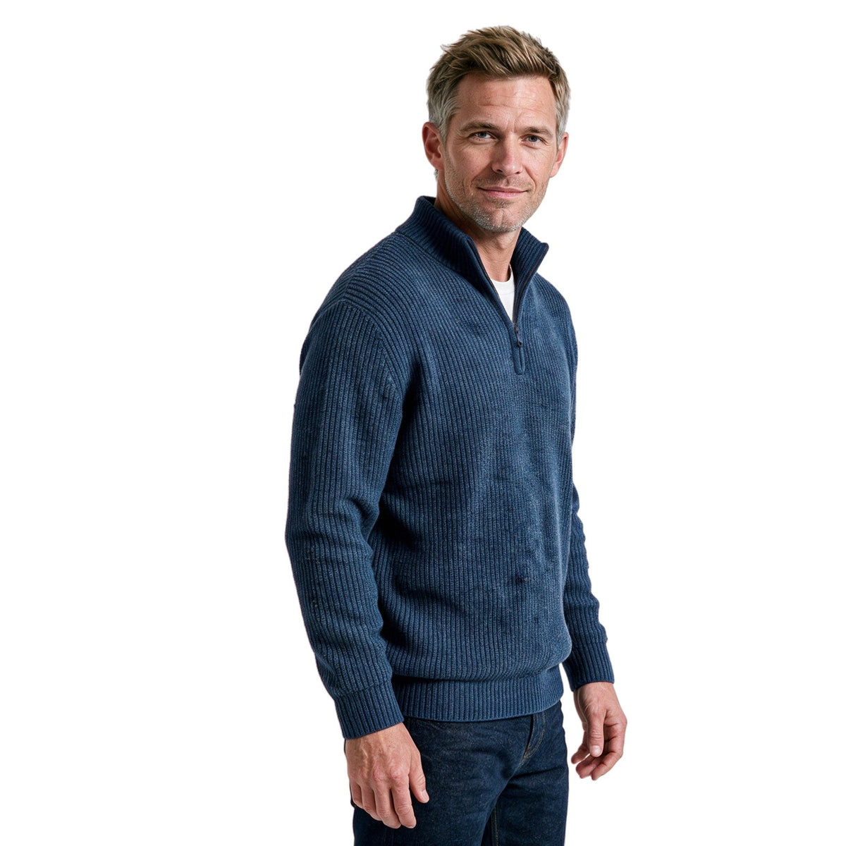 Men's Fints sweater, three-quarter view showing the sleeve and side drape