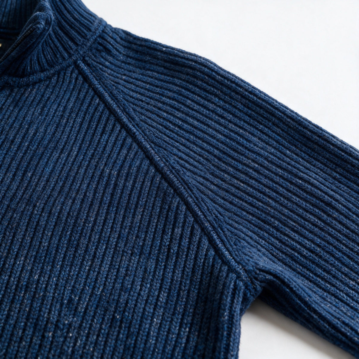 Close-up of the raglan shoulder seam of the Fints sweater