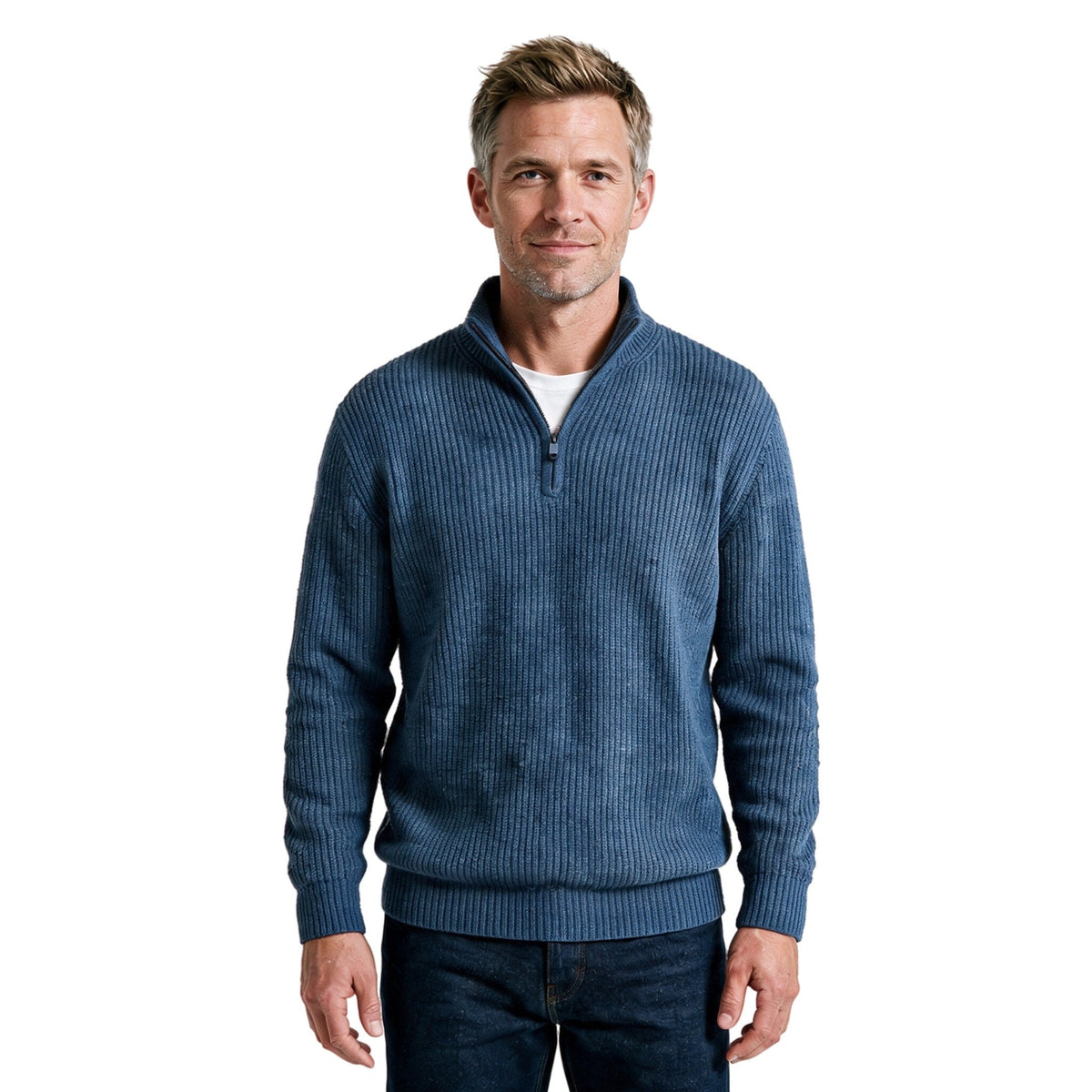 Men's Fints quarter-zip ribbed sweater in blue, front view