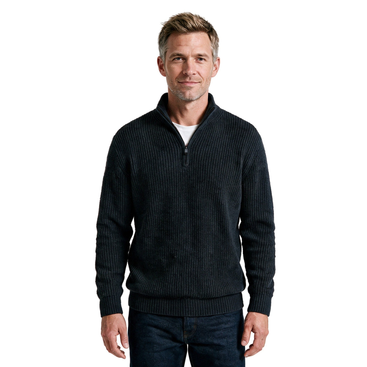 Men's Fints quarter-zip ribbed sweater in black, front view