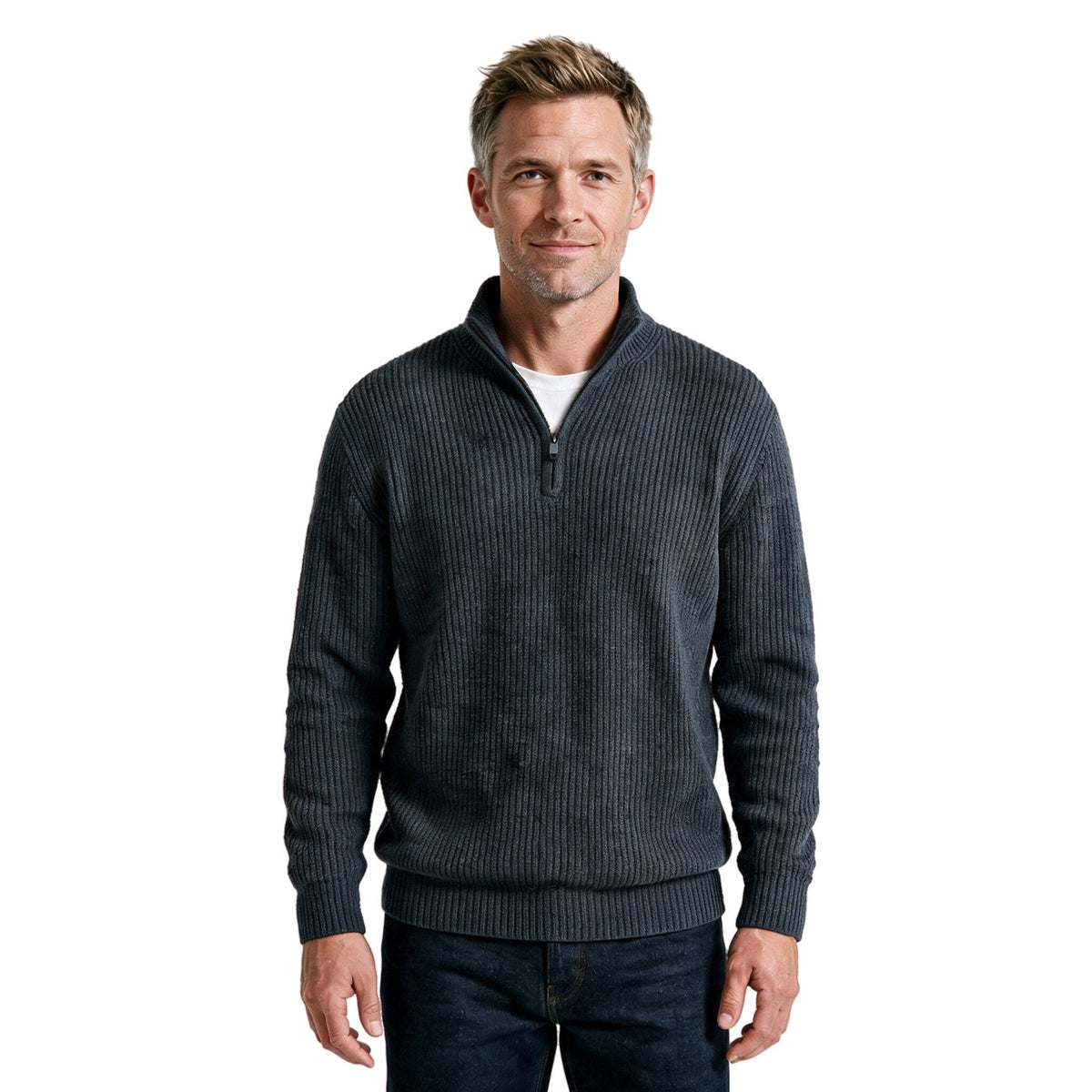 Men's Fints quarter-zip ribbed sweater in dark grey, front view