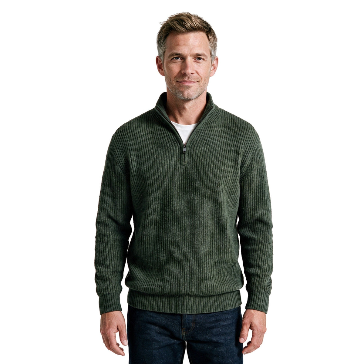 Men's Fints quarter-zip ribbed sweater in green, front view