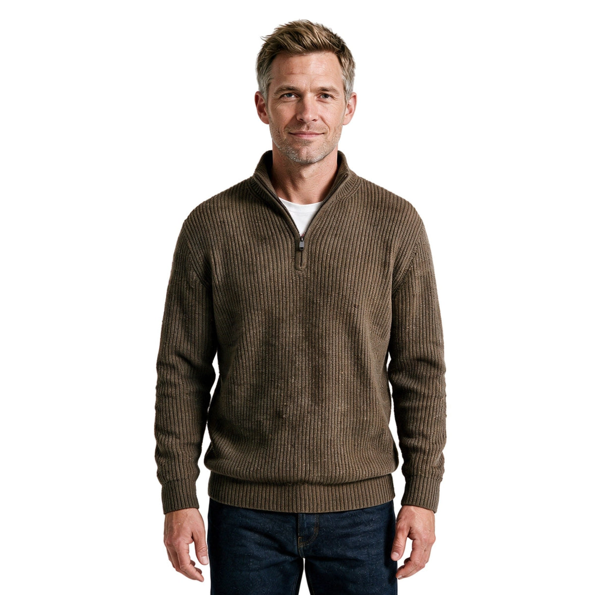 Men's Fints quarter-zip ribbed sweater in brown, front view