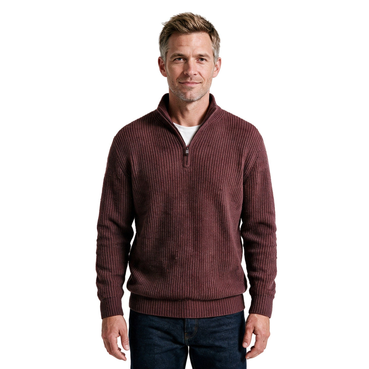 Men's Fints quarter-zip ribbed sweater in bordeaux, front view