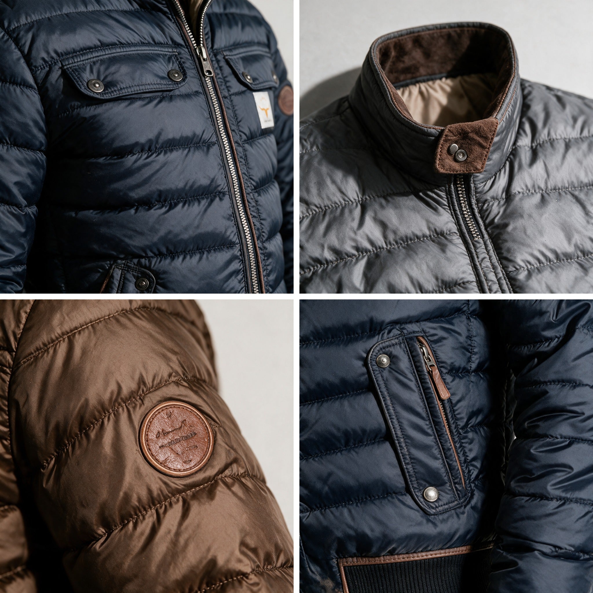 Holloway details: quilting, collar with snap tab, sleeve patch and lower zip pocket
