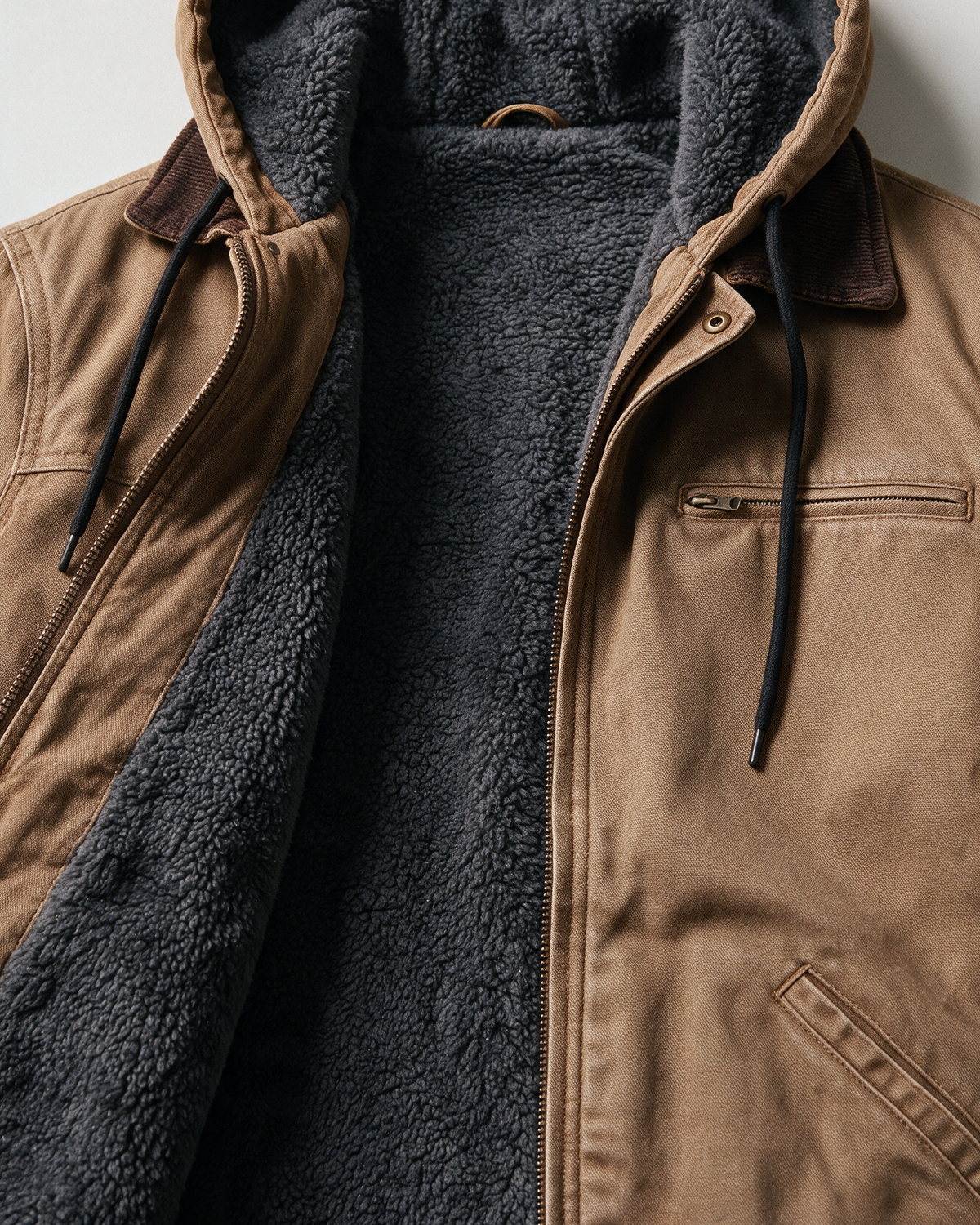 Richard jacket open, sherpa lining against the canvas shell