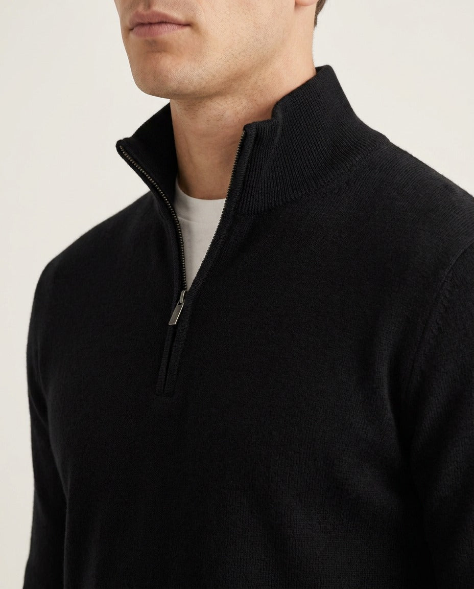 Close-up of the ribbed stand collar and metal half-zip