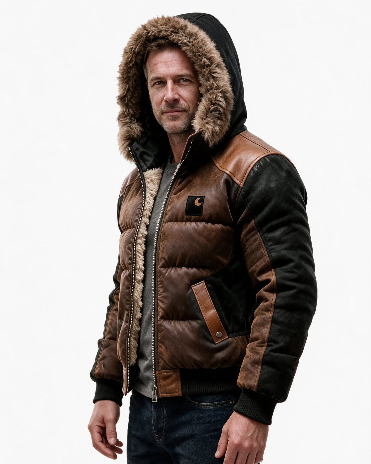 Stanhope hooded quilted jacket in Brown, hood up, three-quarter view