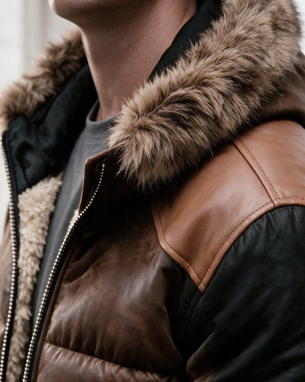 Stanhope hood with faux-fur trim, close-up