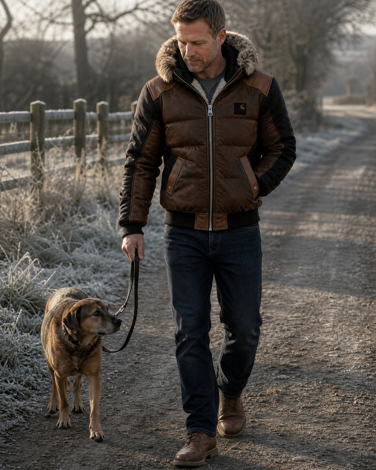 Stanhope hooded quilted jacket, walking the dog on a frosty morning