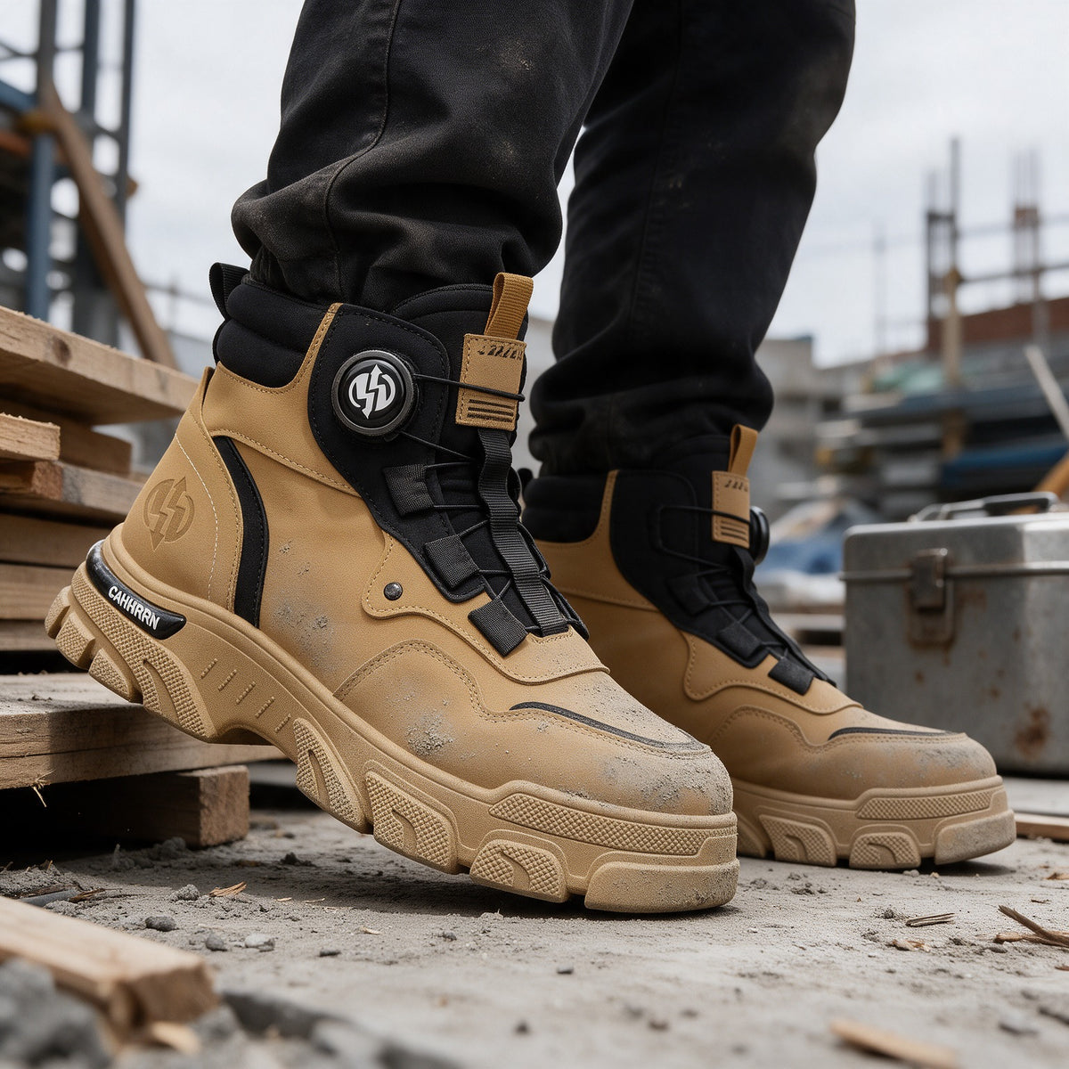 Torque boots in Yellow on a building site