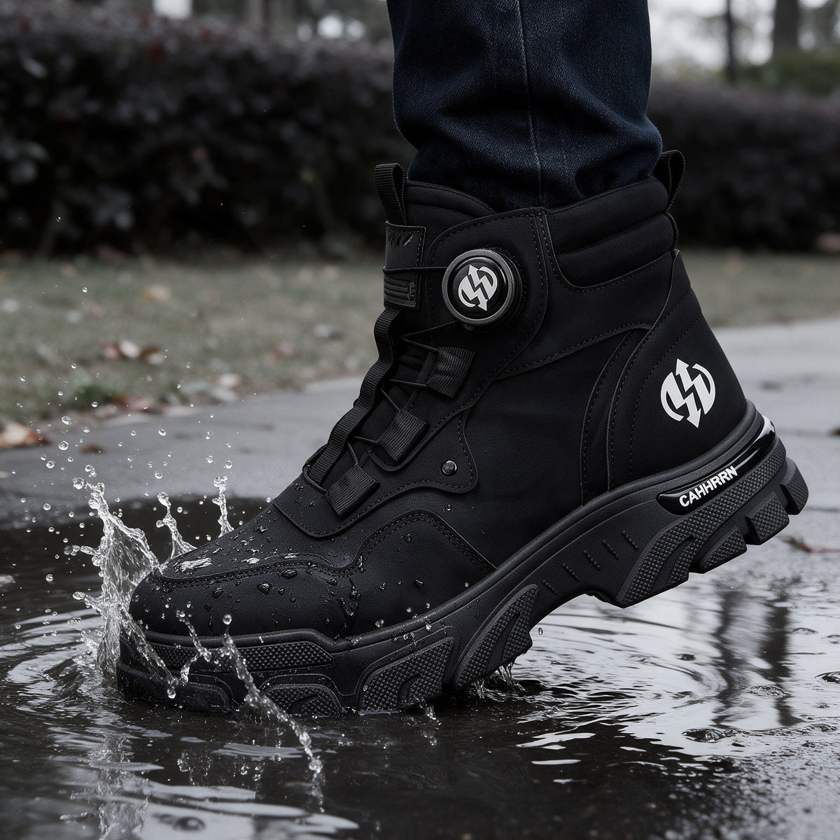 Torque boot in Black stepping through a puddle
