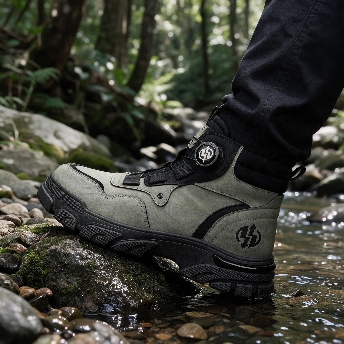 Torque boot lug sole on a wet rock
